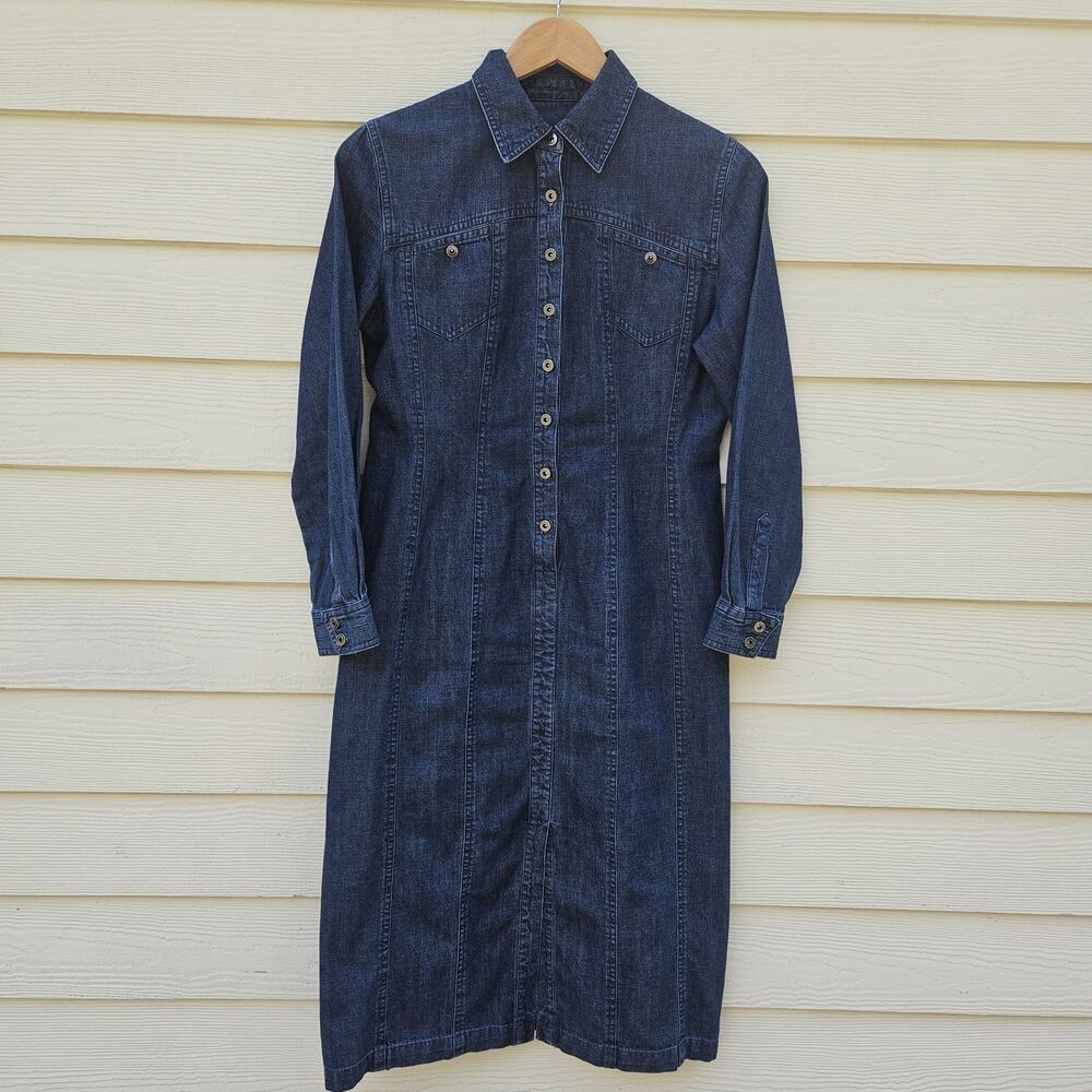 Vintage Talbots Denim Dress Women 4 Petite Midi Button Front Long Sleeves Modest